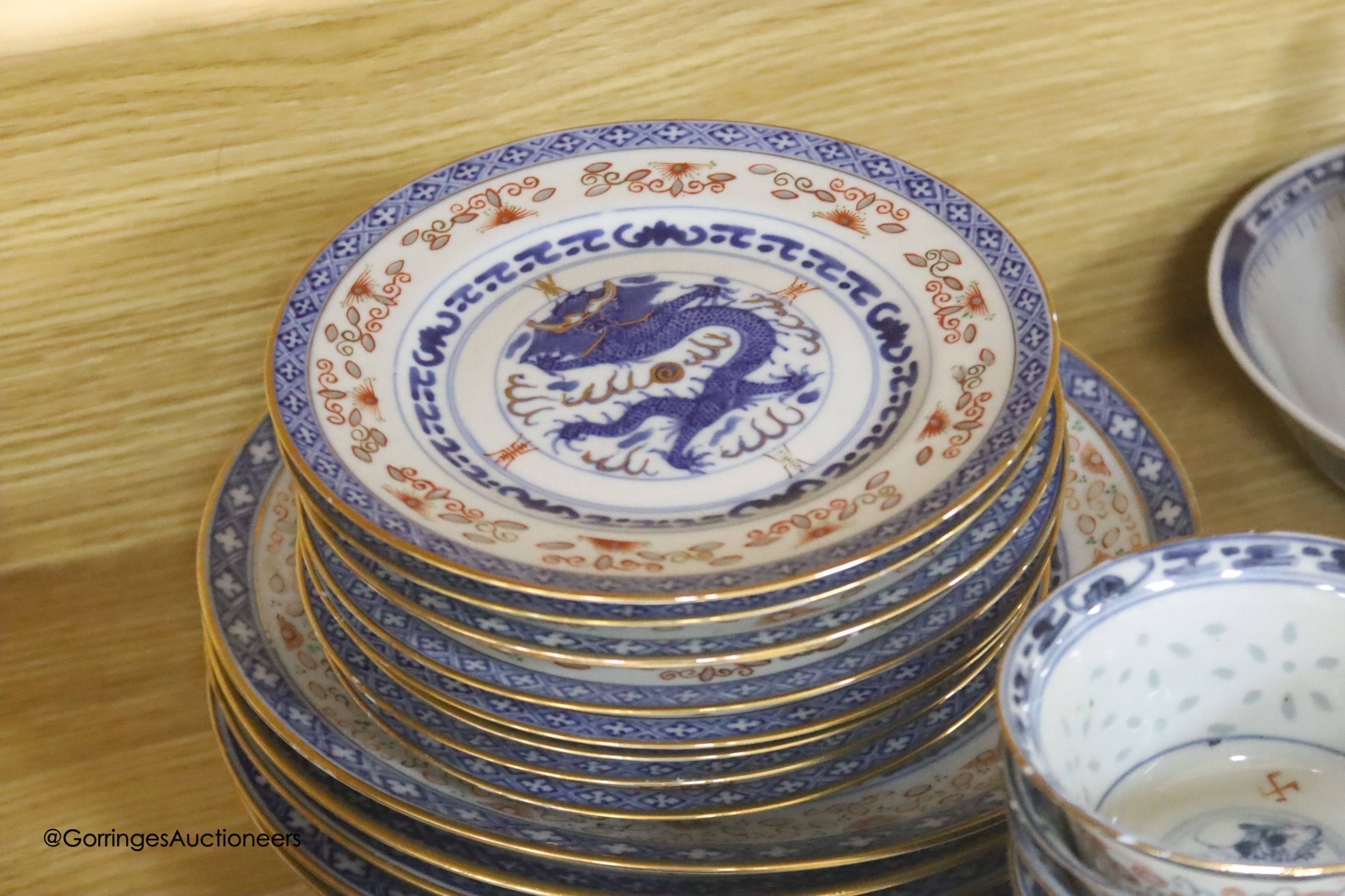 A group of Chinese famille rose bowls and 'dragon' rice supper wares